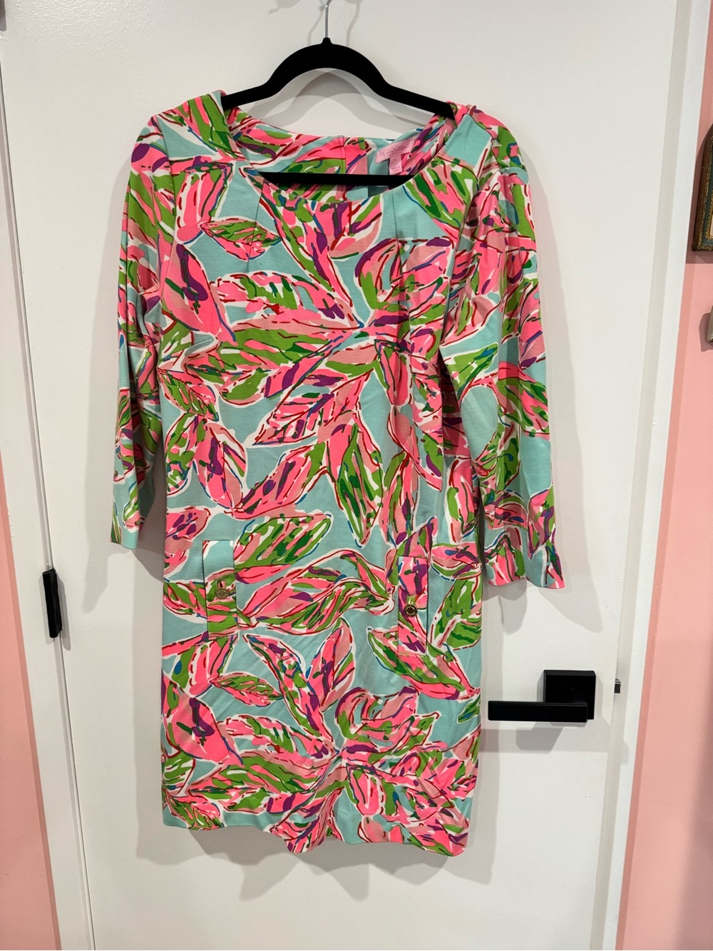 Vintage Lily Pulitzer Tropical Leaf Print Shift Dress in Pink & Aqua, L